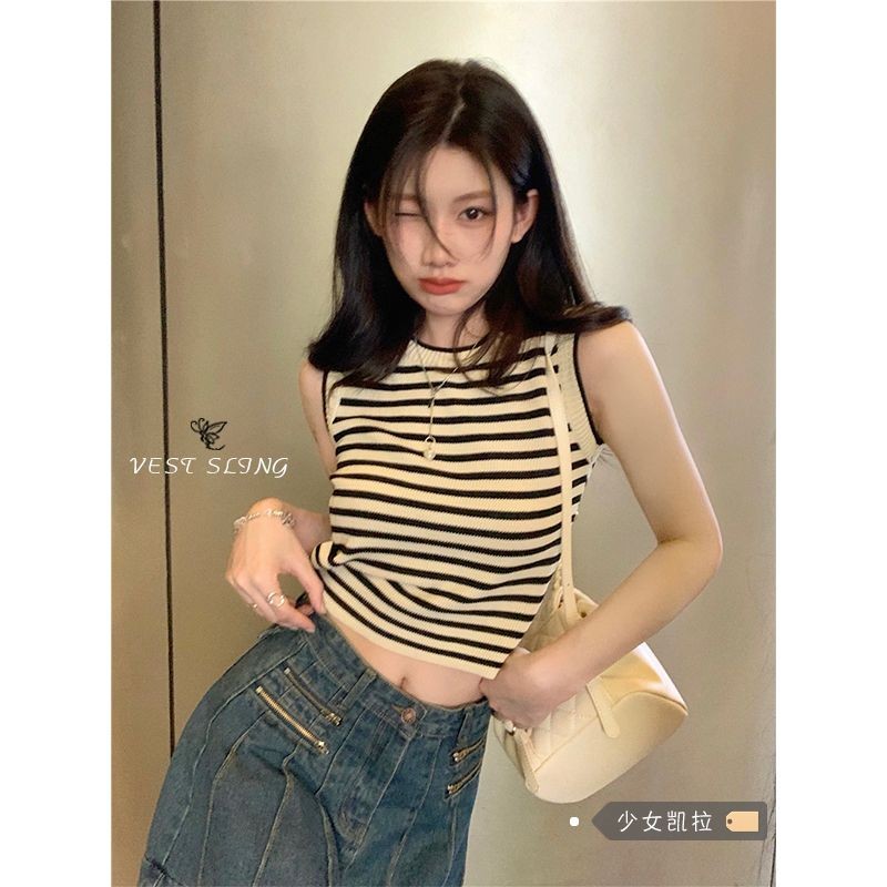 Kemeja suspender rompi kecil rajutan bergaris, rompi pendek tanpa lengan wanita