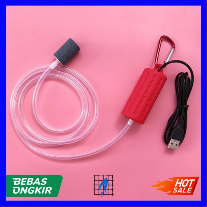 Pompa Air Aquarium Mini USB Oxygen Air Pump Air Stone - Merah