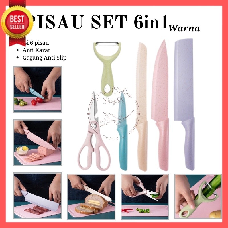 

GOS B308 - PISAU DAPUR 6 IN 1 WARNA WARNI EVCRIERH Dilapisi Anti lengket.