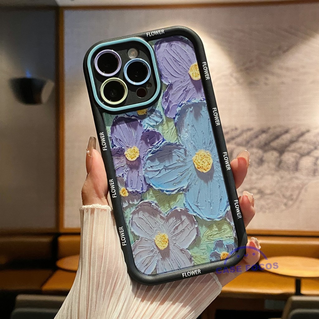 Black Case iPhone 13 Pola bunga lukisan cat minyak 3D Penutup Penuh Perlindungan Penuh For Case iPho