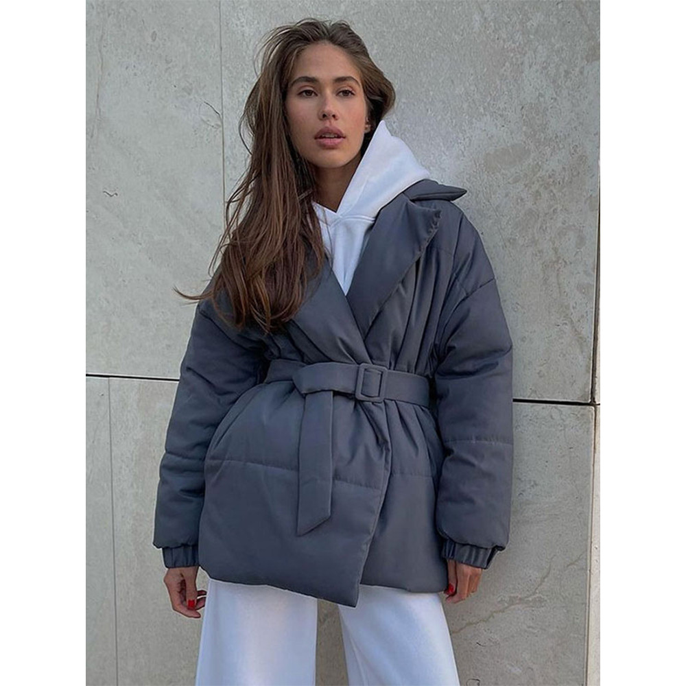 

Female Solid Lapel Pockets Cotton Coats With Belt Casual Loose Warm Long Sleeve Jackets Autumn Winter Women Commuting Outerwear