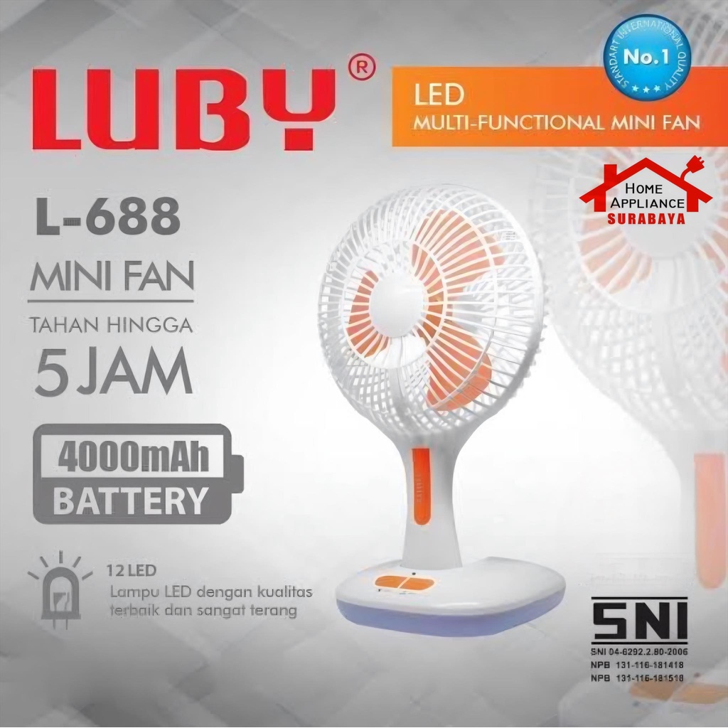 LUBY Kipas Angin Mini Portable Fan 6 Inch + Lampu Emergency 12 Pcs SMD LED 4000mAh Tahan 5 Jam L-688