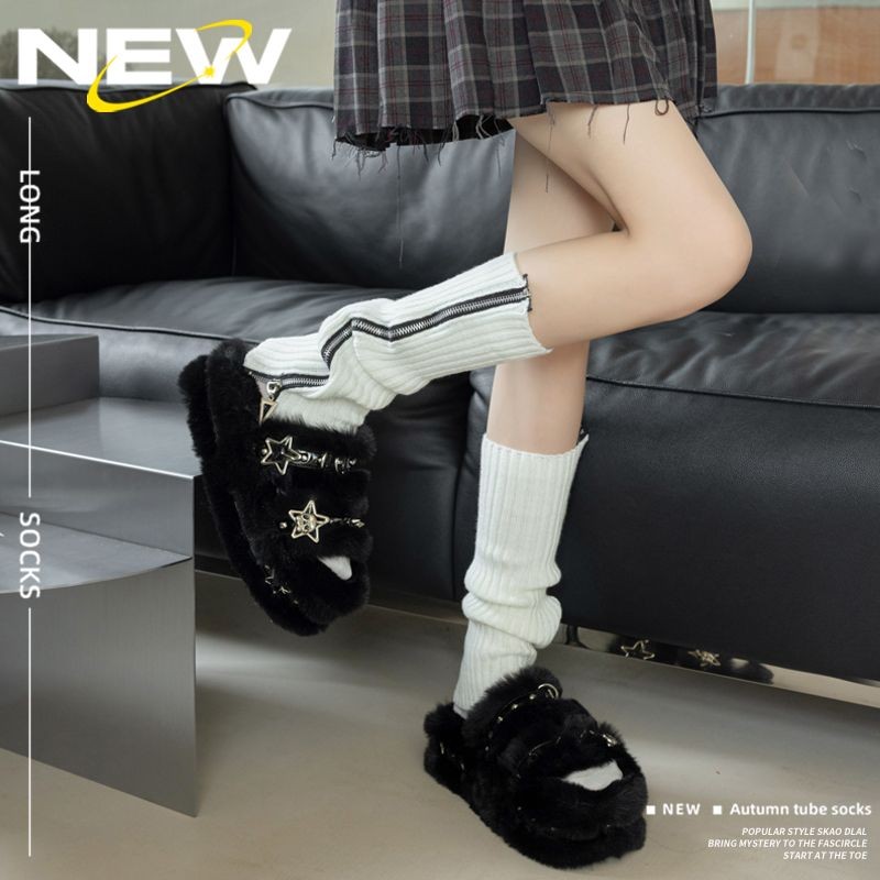 Kaos Kaki Ritsleting Punk Gothic Kaos Kaki Harajuku Kaus Kaki Rajutan Bertumpuk Lolita Long Socks