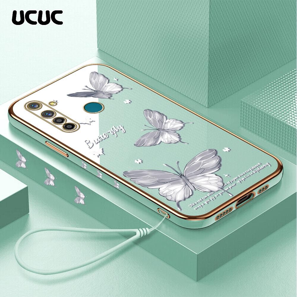 UCUC Realme 5 Pro (Lanyard Gratis) Cartoon Square Edge Pattern Design Luxury Plating Soft Phone Case