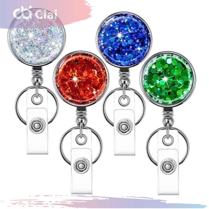 

CLAI Retractable Badge Reels Gantungan Kunci Retractable Telescopic Keychain Flexible Yoyo Tarik Name Tag ID Card Holder Pintu with Key Ring Belt Clip Glittery Design Badge Holder klip gulungan lencana ID Cards Office Staff Fashion Berlian