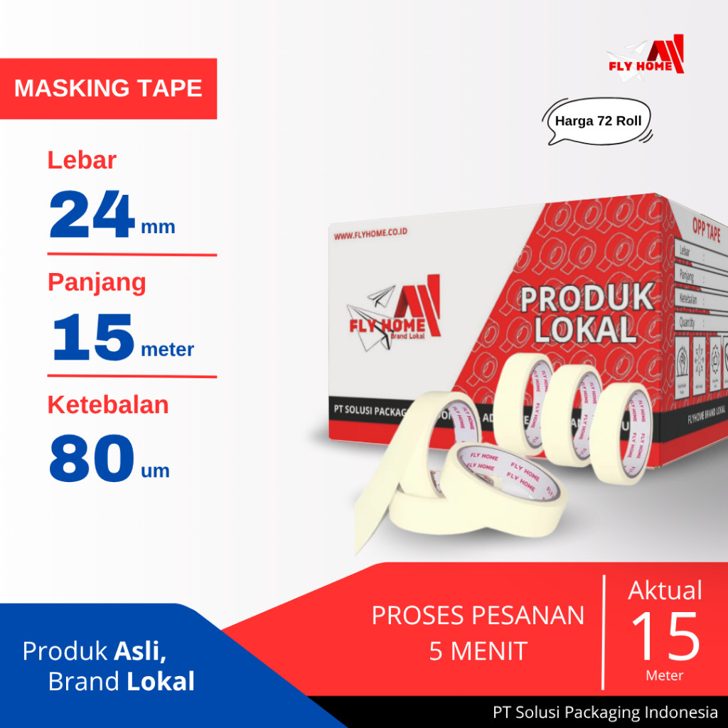

FLYHOME Lakban kertas 24mm x 15meter 72 roll 1/2dus masking tape ukuran besar
