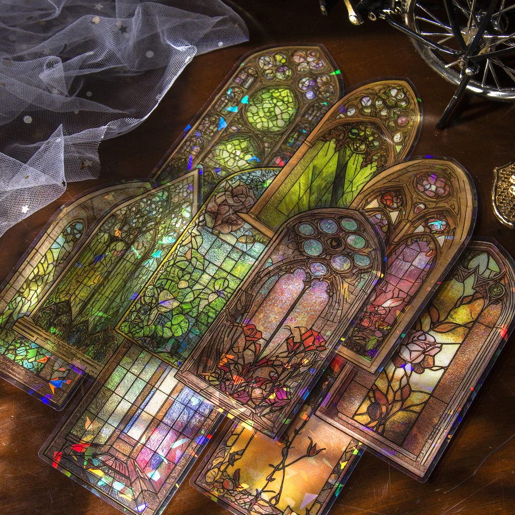 

10pcs Vintage Stained Glass PET Stickers, Gothic Window Journal Decorations, Retro Scrapbooking Supplies