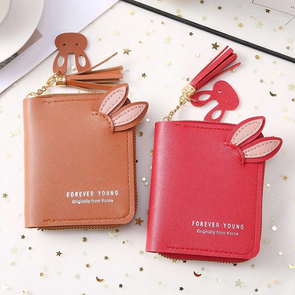 MAOLILI - Dompet Lipat Koin Motif Telinga Kelinci Dompet Wanita Mini Kartu Gantingan Rumbai Kelinci 