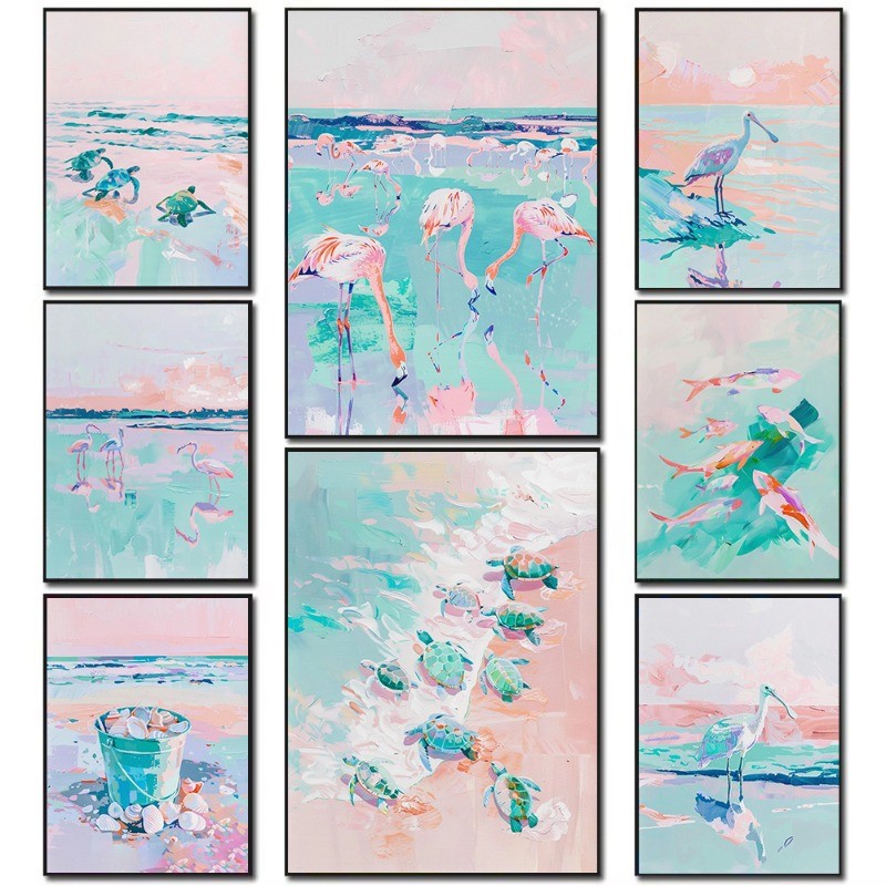 

Pastel Animal Florida Bird Fish Sea Turtles Spoonbill Coastal Canvas Poster Colorful Impressionist Painting Wall Art Home Decor