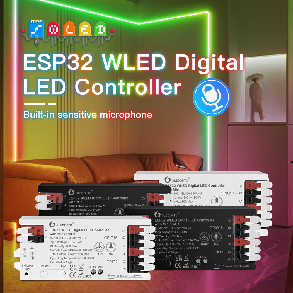 GLEDOPTO WLED LED Strip Controller ESP8266 ESP32 Mic RGB IC Digital Addressable WS2811 WS2812 WS2815