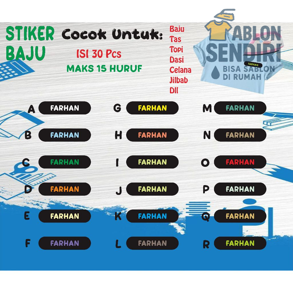 

Stiker Setrika Nama/Label Nama Cocok Untuk Anak-anak dan Dewasa Bahan Dtf Waterproof Background Hitam Full 1 Paket Isi 30 Pcs