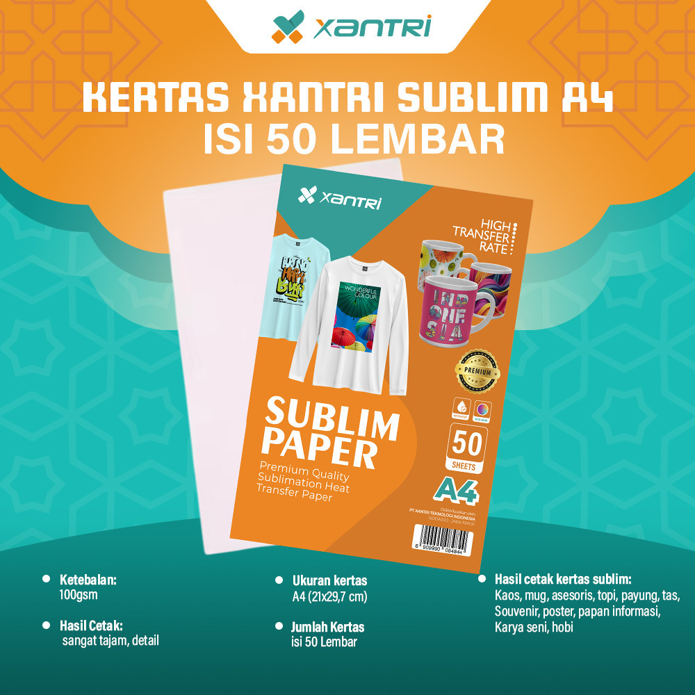 

Kertas Sablon Xantri Sublim A4 100gsm Berkualitas Tinggi Khusus Sublim Isi 50 / 100 / 20 Lembar