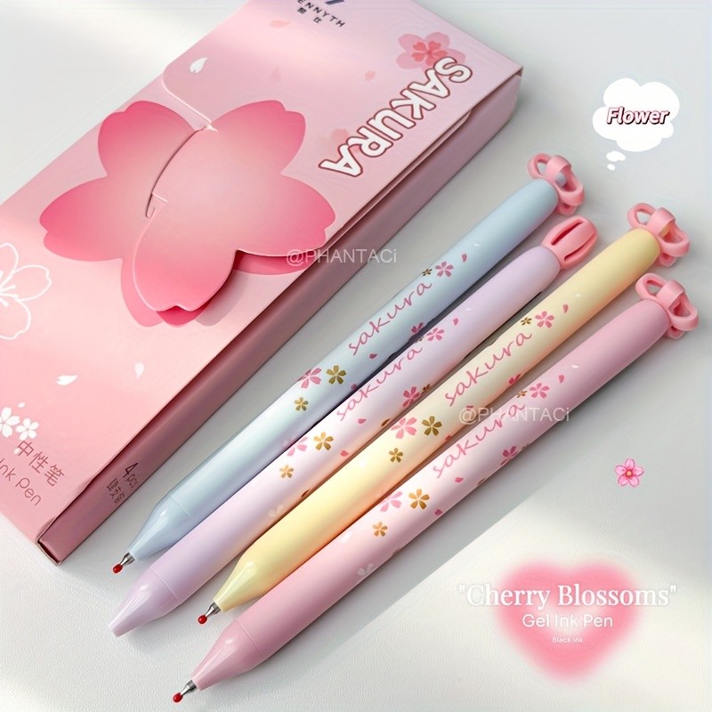 

4 boxes of small cherry blossom press neutral pen 0.5mm fast drying high aesthetic flower writing pen black pen creative decompr