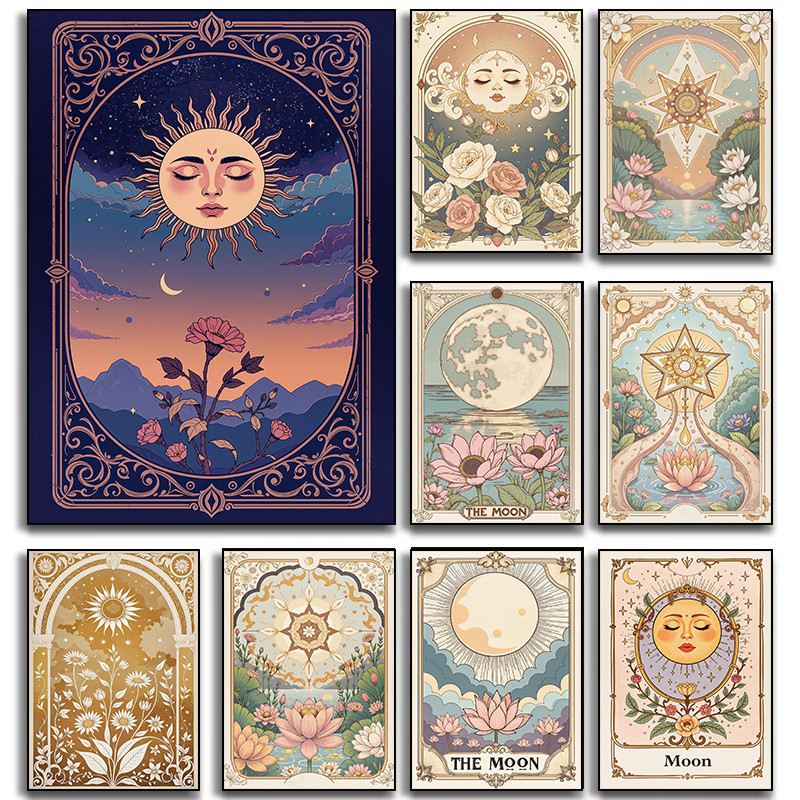 

Vintage Tarot Sun Moon Illustration Poster Print Canvas Pictures Home for Living Room and Bedroom Wall Decor Frameless Painting