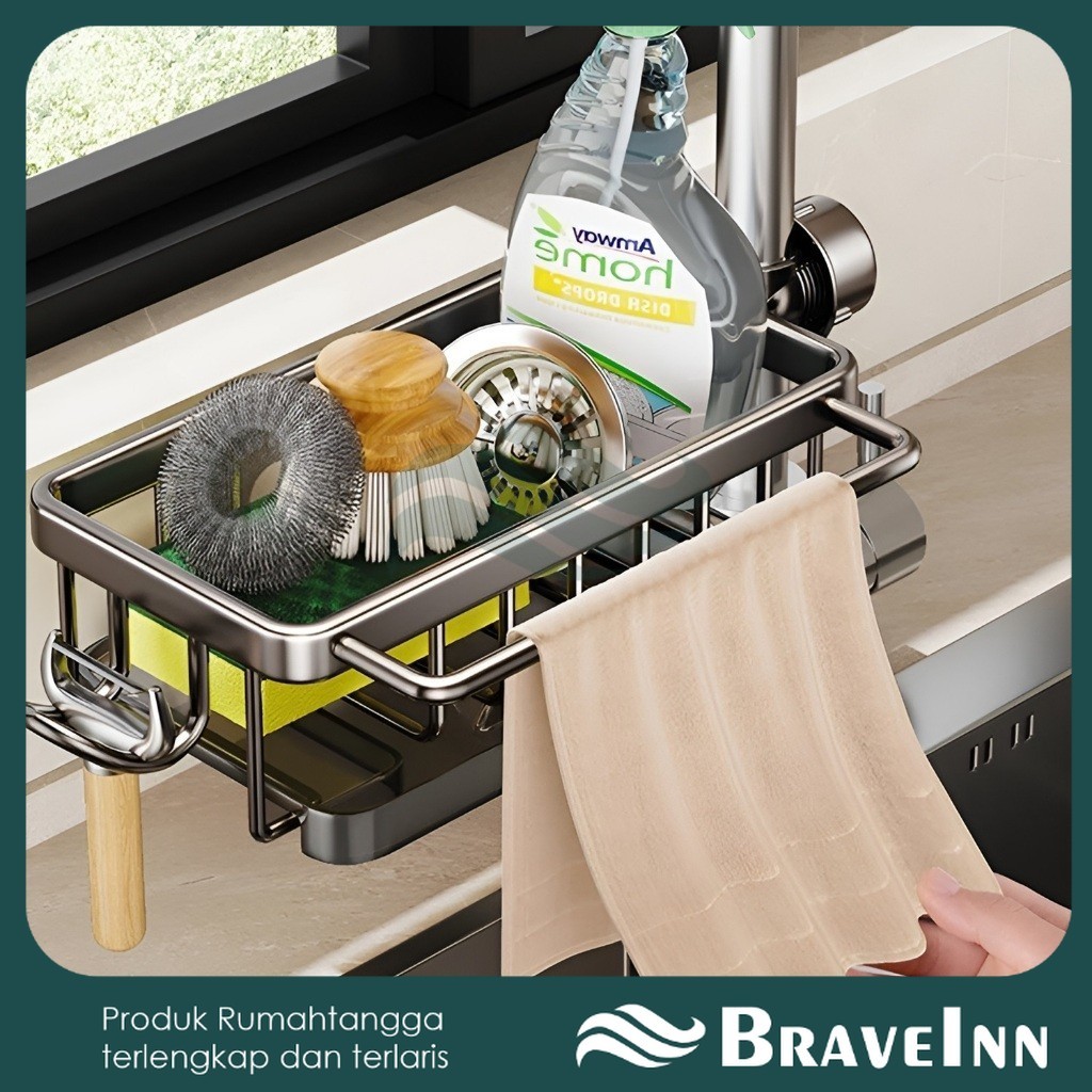Rak Organizer Wastafel Dapur Aluminium PREMIUM Tempat Sabun Spons Rak Aluminium Penyimpanan Tempat K