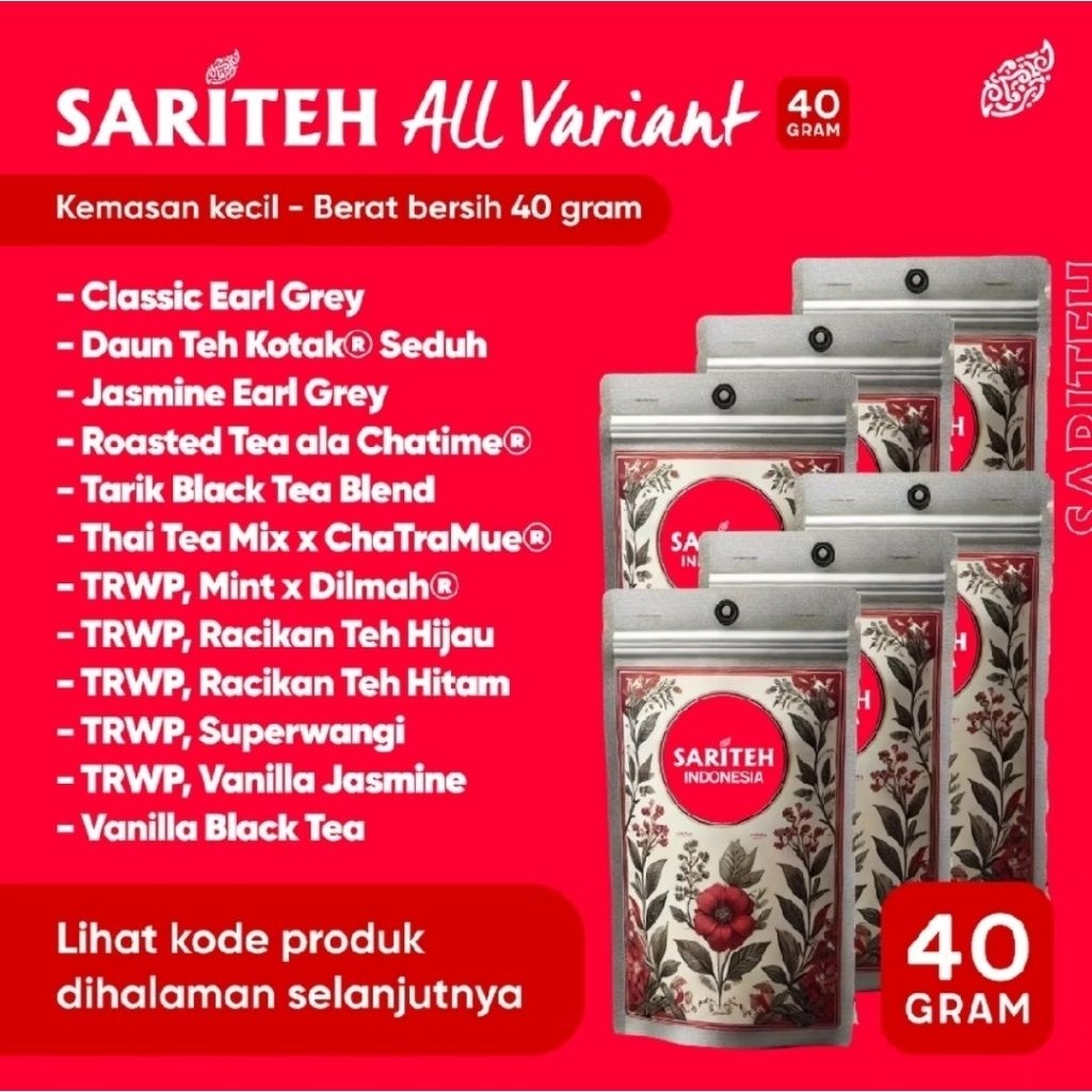 

Sariteh Indonesia All Variant - 40gr (Kemasan Homebrewing & Sample) - Teh Melati, Teh Hitam, Teh Hijau, Teh Tubruk, Teh Thailand, Teh Melati, Teh Bubuk