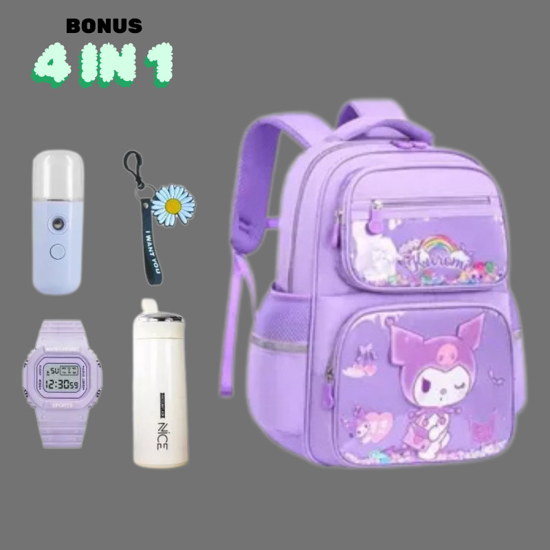 Ransel Anak Sekolah  Motif Kuromi Free Bonus Botol Jam Tangan Nano Spray Dan Gantungan Lucu Cute Bis