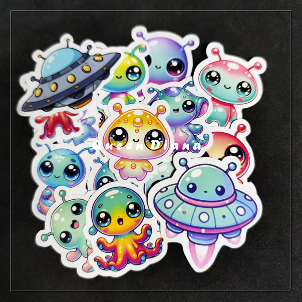 

STIKER PRINTING A3 ALIEN CHIBI IMUT STIKER PESAWAT UFO STIKER TEMA ANGKASA LUAR ISI 17 PCS