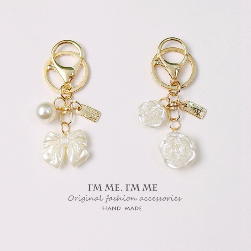 [GH] Pearl Ribbon Flower Round Keychain - Gantungan kunci tas mutiara pita bunga keychain Goms Home 