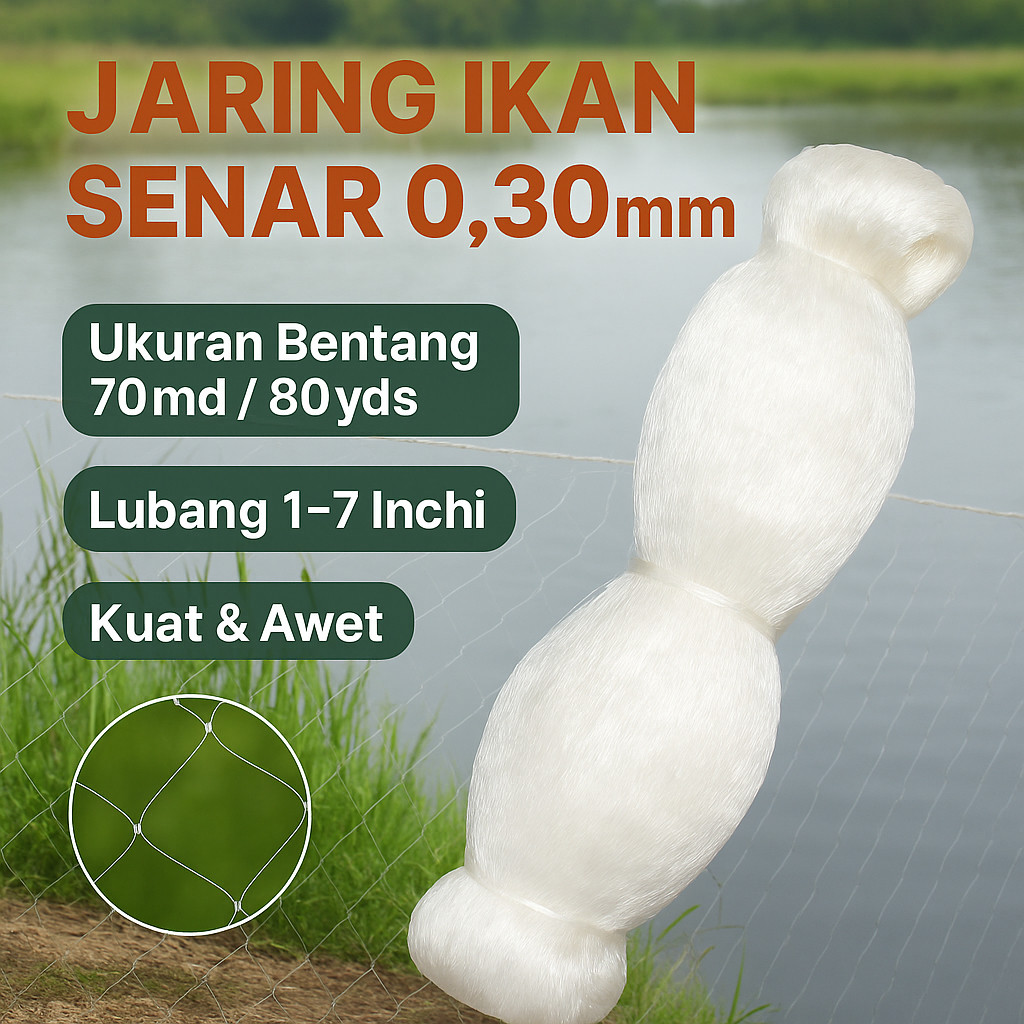 Jaring Ikan Senar 0.30mm – 70md/80yds – Lubang 1-7 Inchi • Untuk Sungai, Kolam, Tambak