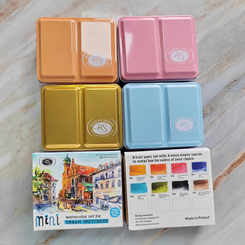 

New ROMAN SZMAL ARTISTS 8-color Half Block Solid Watercolor Mini Metal Box Macaron Color Pigment Portable Art Supplies