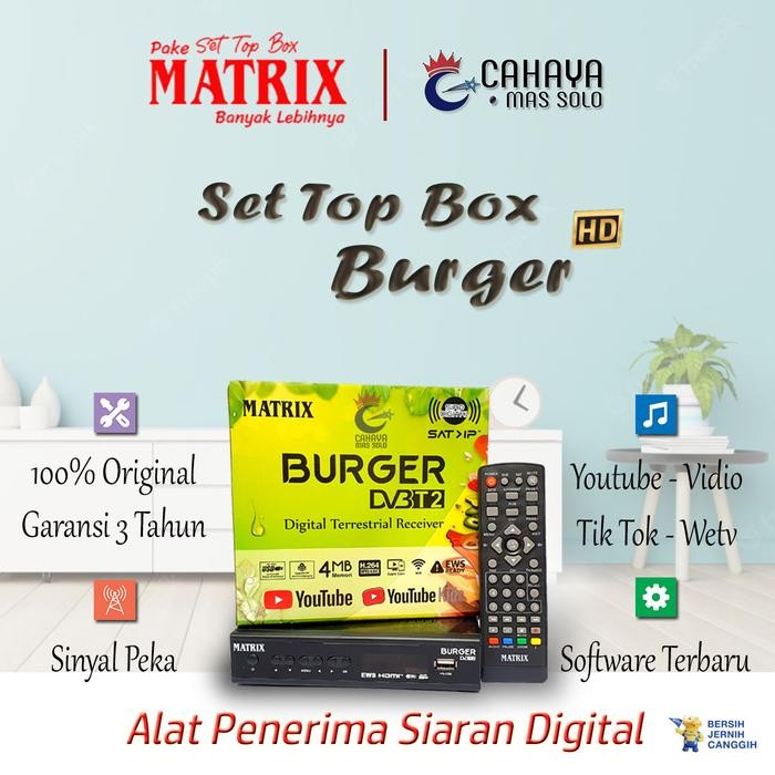 Set Top Box Matrix Apple DVBT2 Burger Merah Hijau DVB2IP STB Antena Digital ASO UHF Apel RCA HDMI HD