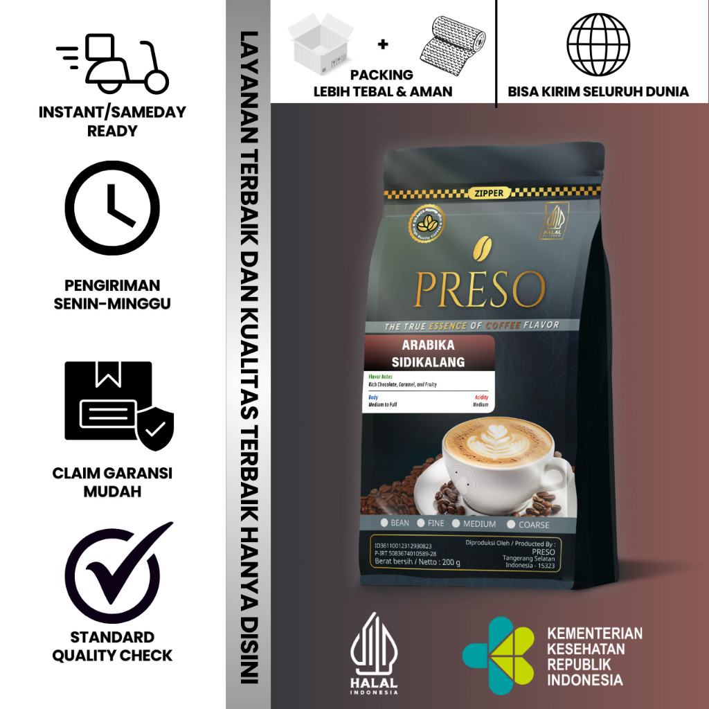 

PRESO Biji Kopi Bubuk Arabika Sidikalang Sumatra Coffee Roast Beans Espresso Bean Coffe 200 gram