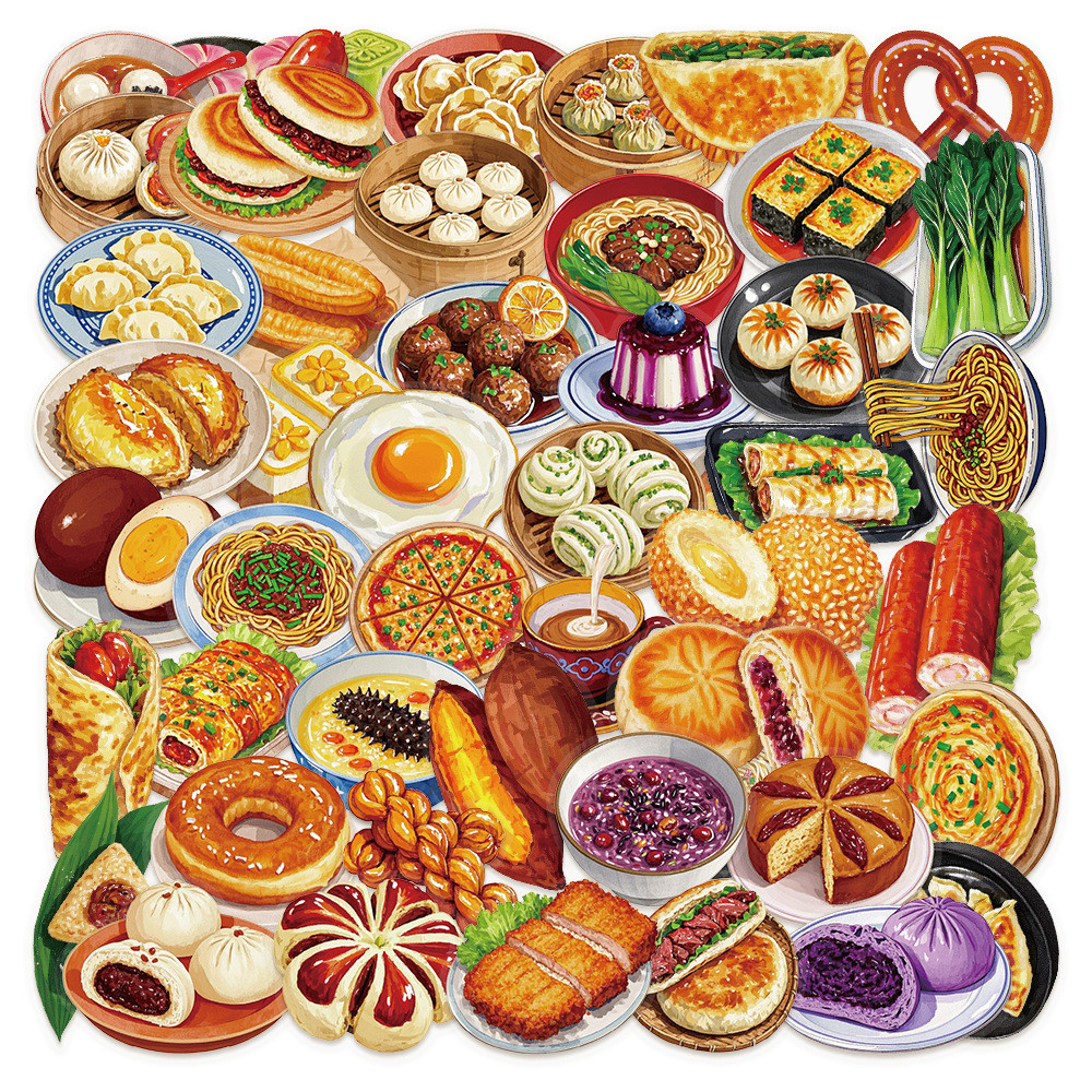 

10/30/50PCS Chinese Food Sticker Waterproof Transparent PET Decal Phone Laptop Guitar Notebook Refrigerator Stationery Stickers