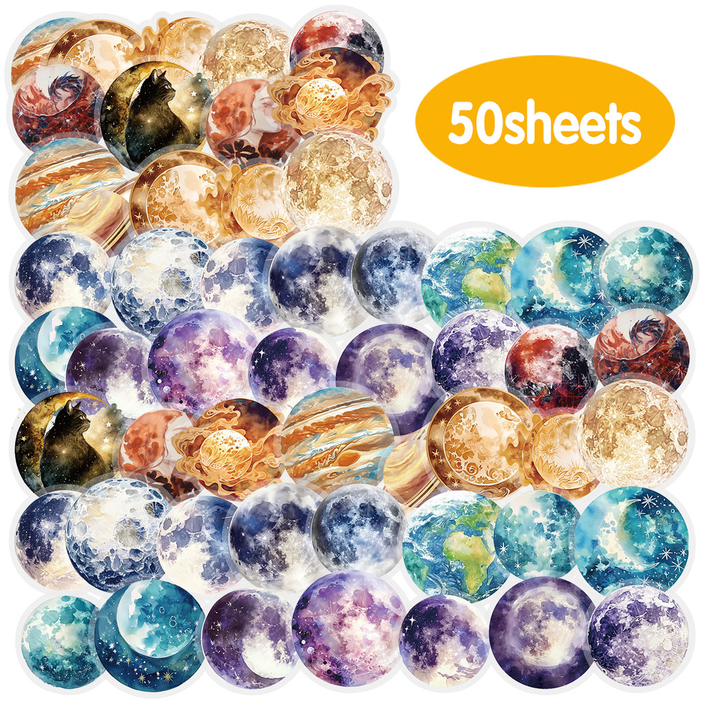 

50 (25x2) Pcs Multi-style Planet Pattern Stickers for Laptop Luggage Phone Cases Mixed Collection Stickers Scrapbooking