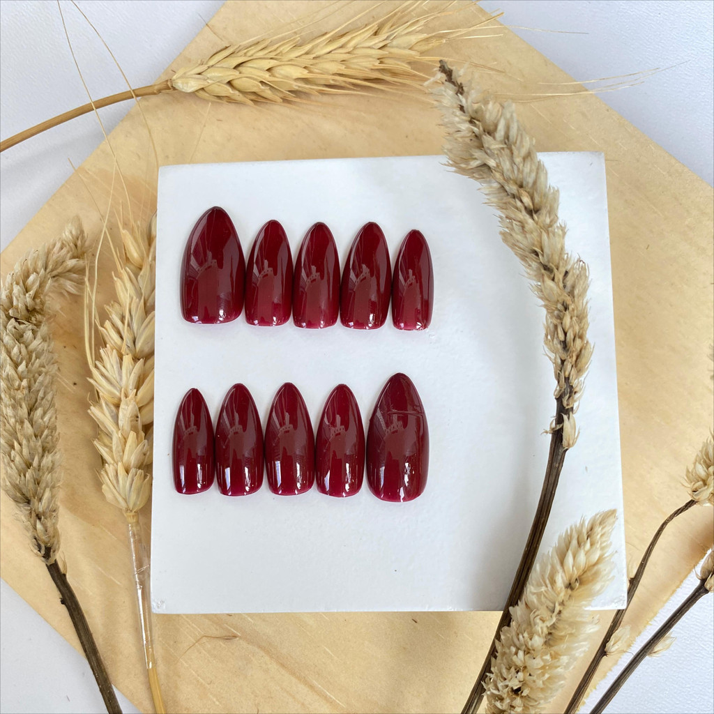 [FREE LEM] Nail art kuku palsu + lem| Kuku palsu nail art + lem| Press on nails warna maroon| Fake n