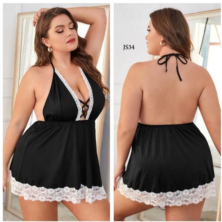 Lamore Lingerie Premium Maid Mini Dress Hitam Jumbo Size Costume Pelayan Wanita JS34
