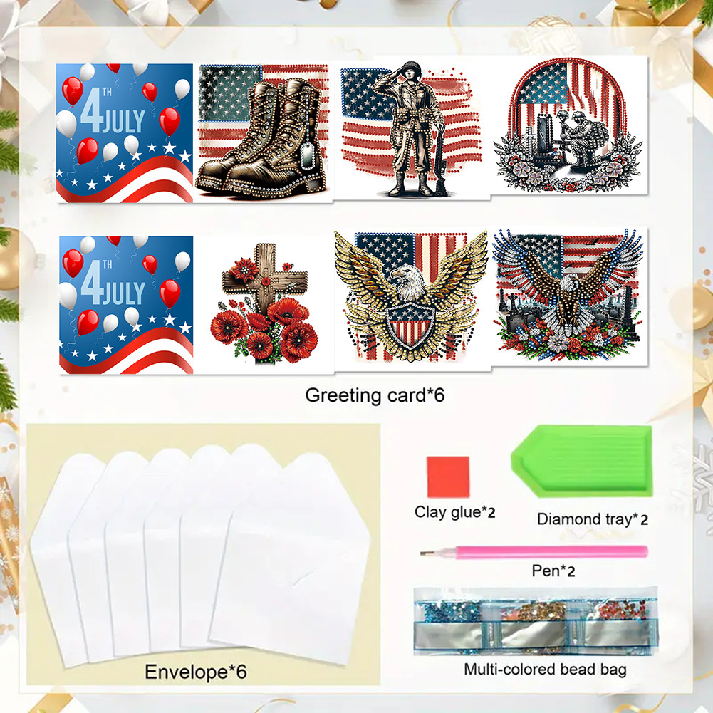 

6pcs DIY Independence Day USA Flag Rhinestone Diamond Art Mosaic Postcards Diamond Art Handmade Cards for Independence Day