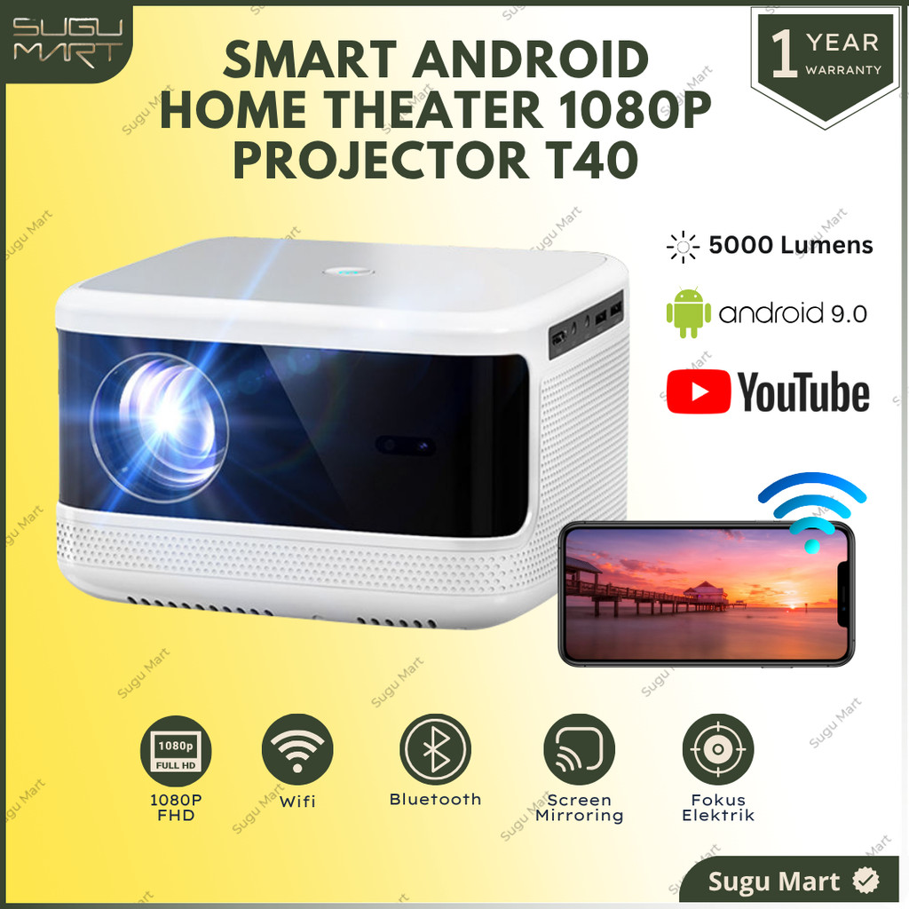 Smart Proyektor T40A Android 5000 Lumens Mirroring Wifi | Proyektor Full HD 4K | Proyektor Android W