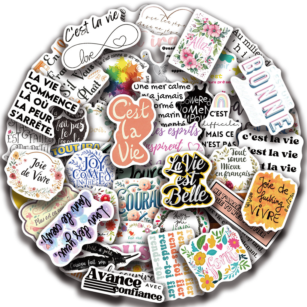 

50pcs French Inspirational Quote Stickers Pack Positive Decals for Water Bottle Laptop Phone Skateboard Helmet Gifts for Teens