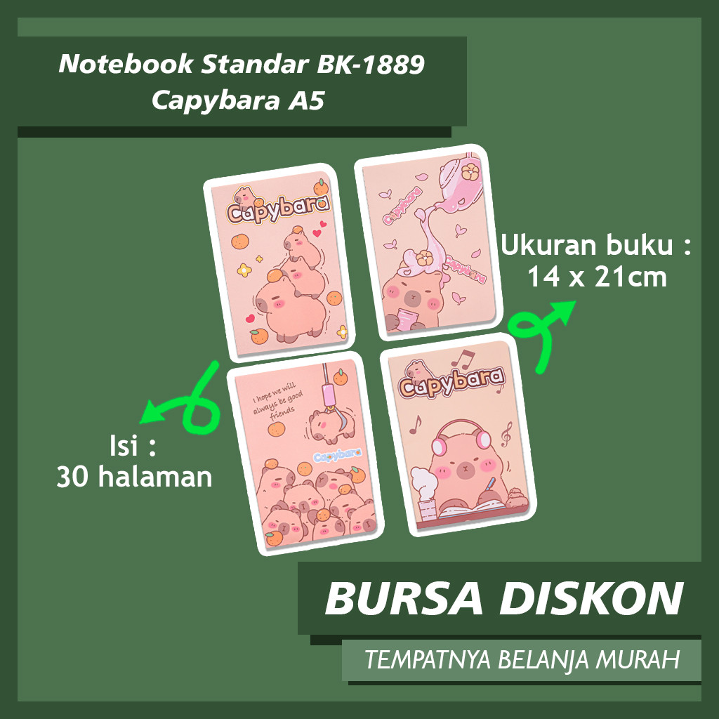 

Notebook Standar BK-1889 Capybara A5 Diary Harian Lucu Hewan Coklat Teko Musik Tumpuk Capit Polosan Grosir Bisa COD