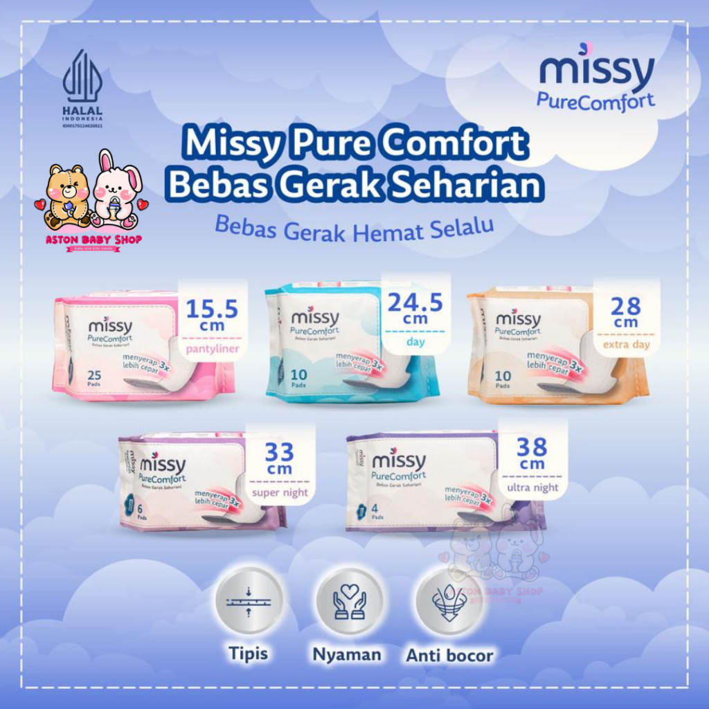 Missy Pembalut Pure Comfort All Varian/ Pembalut Halal / Missy Pembalut Wanita Bebas Klorin / Pembal