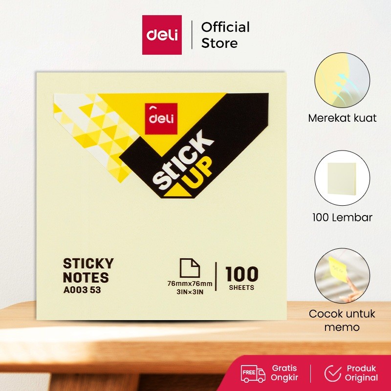 

Deli Memo tempel Sticky Notes 76x76mm 3x 3 100sheets Warna Kuning perekat kuat tahan lama EA00353