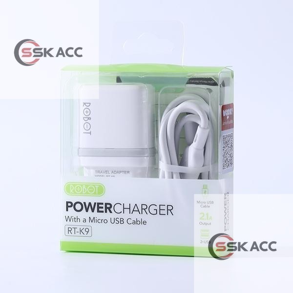 ROBOT RT-K9 Adaptor Plus Cable 12W Dual Port 2.1A kabel Data Micro USB