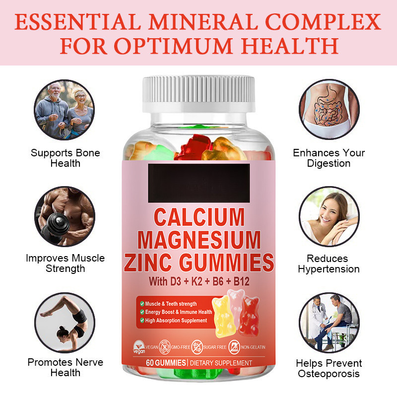 Calcium Magnesium Zinc Gummies 60pcs with Vitamin D3 K2 B6 B12 Supports Bone Health, Nerve Immune Fu