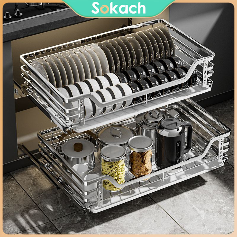 

2 susunRak Piring Dapur Stainless Steel Rak Pengering Piring Multifungsi Rak Kabinet Lemari Dapur Keranjang Laci Rak Tarik Rak