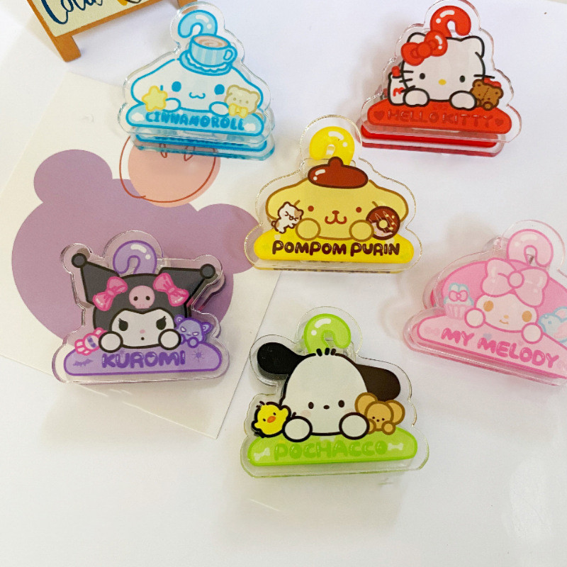 

5pcs Cartoon Kuromi Hello Kitty Melody Acrylic Binding Clip Notes Letter Paper Clip Office Stationery Supplies Binding Securing