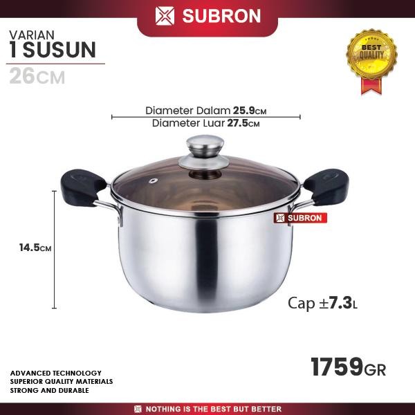 SUBRON Panci Sup 26cm Stainless TEBAL Soup Pot tutup Kaca - 1 SUSUN Subron Panci - Panci Susu Panci 