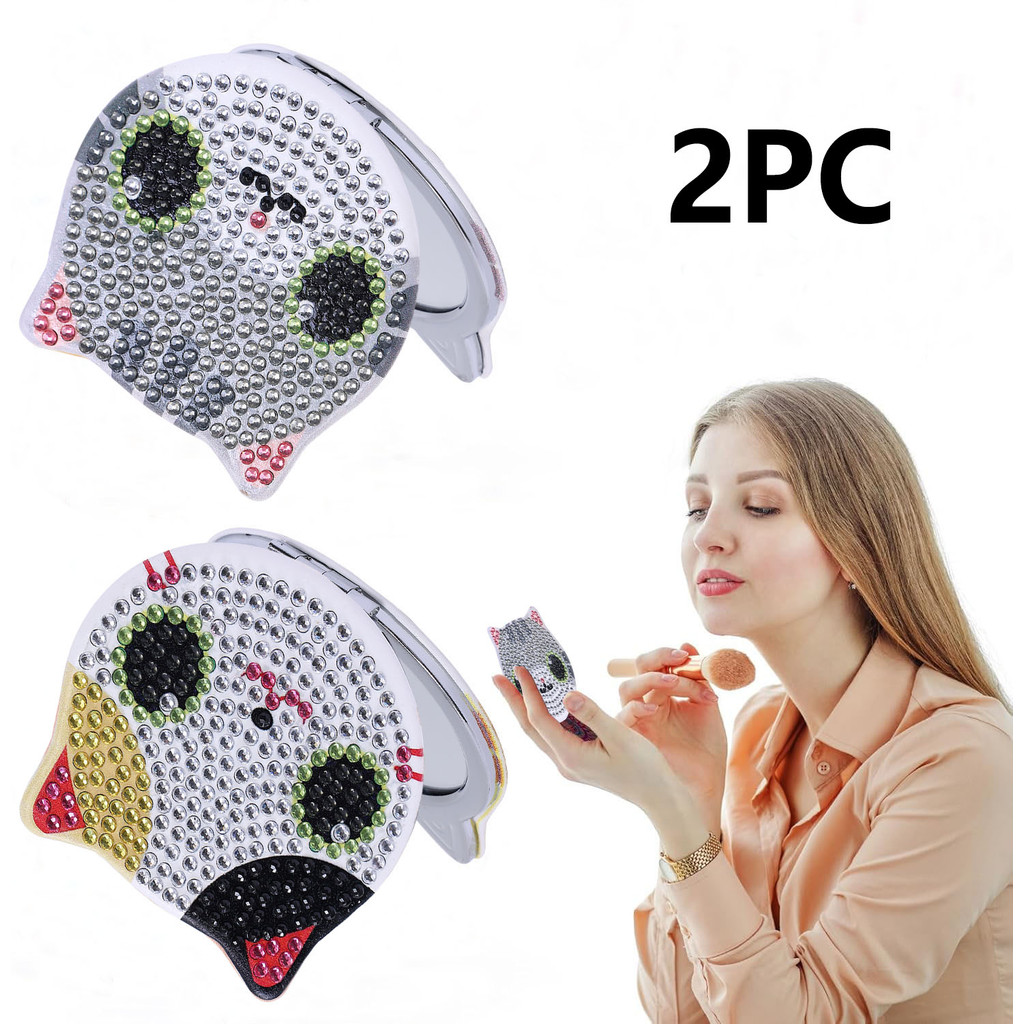 

2 DIY cat-patterned diamond-painted leather portable folding mirror Diamond art mirror set, suitable for women's travel