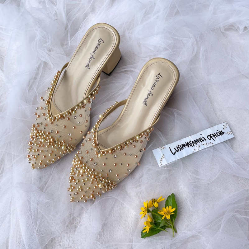 I lusiana fameli Sepatu payet wanita heels wedding 30 warna hak 1 - 7 cm  selop kondangan heels lama