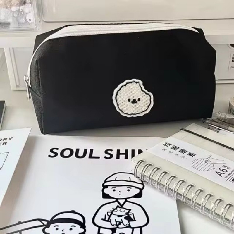 

Black Puppy Pen Bag Canvas Pencil Case Student Pouch Cartoon Stationery Bag Stationery Organizer For Teen School Supplies