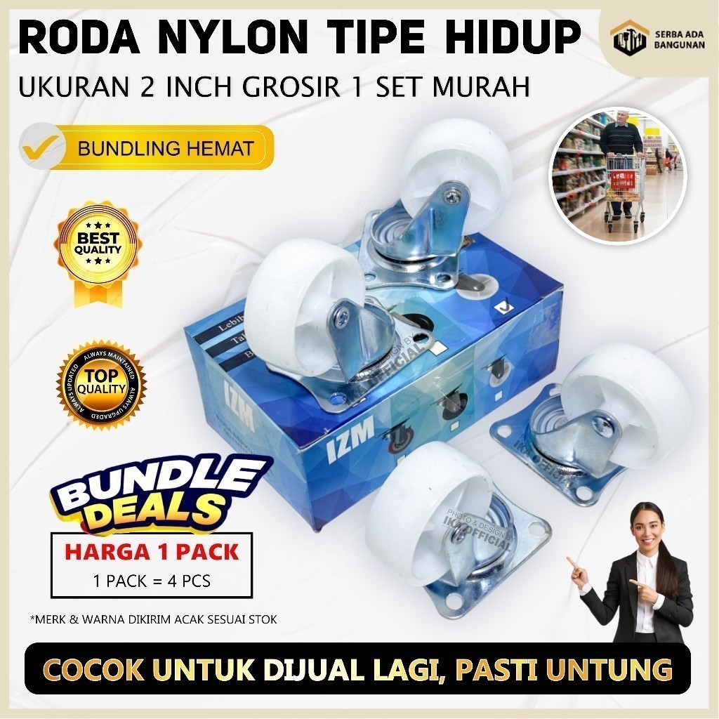 SAB 1set isi 4pcs Roda Etalase 2" Roda Nilon 2 inch Roda Caster Roda Gepeng Nilon Putih / Roda Nylon