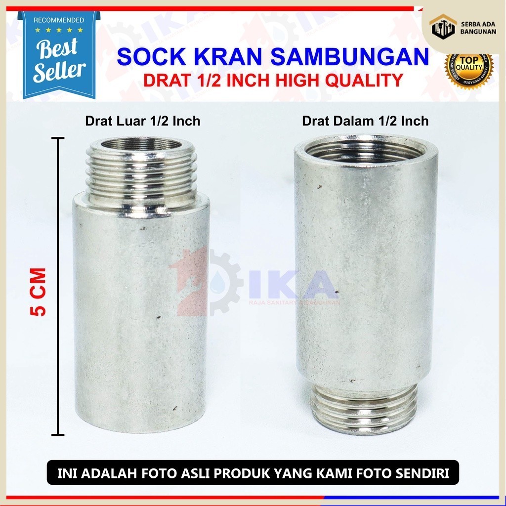SAB Sok Kran Drat Luar Dalam 1/2 Inch Inci Panjang Pendek Kuningan Sock Sambungan Keran Nepel Pipa 1