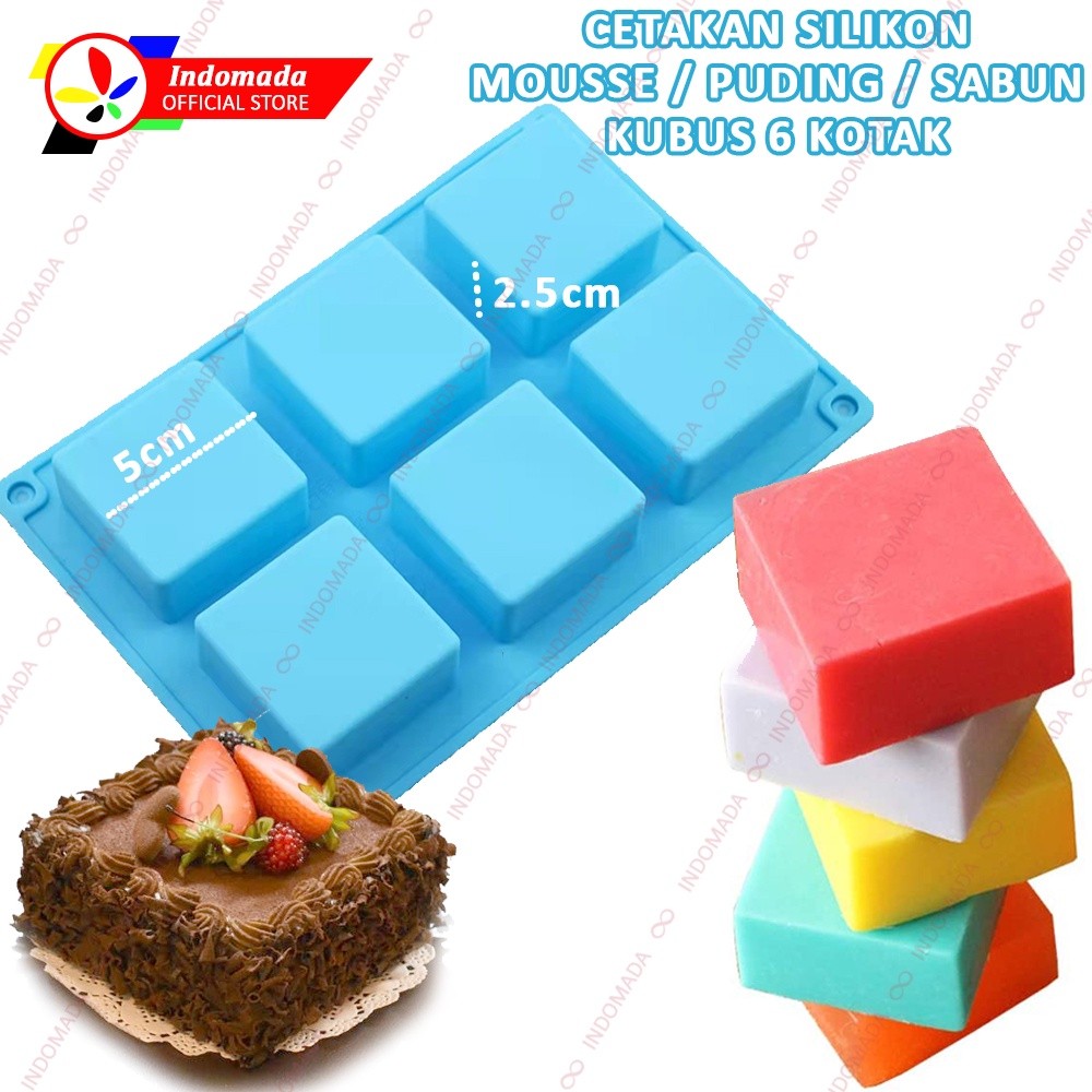 Indomada Cetakan Silikon Kotak 6 Kubus Besar Petite Fours  5 x 5 cm Mousse Puding Coklat Kue Kering 