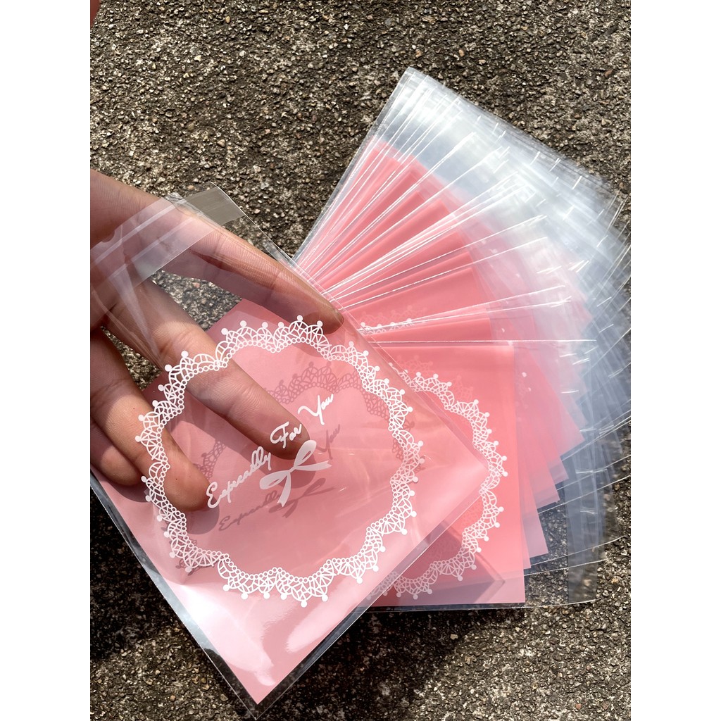 

100pcs Pink Square Gift Packaging Opp Self-sealing Bag, Lovely Bow Printing Opp Self-sealed Bag, Gift Candy Packaging Bags