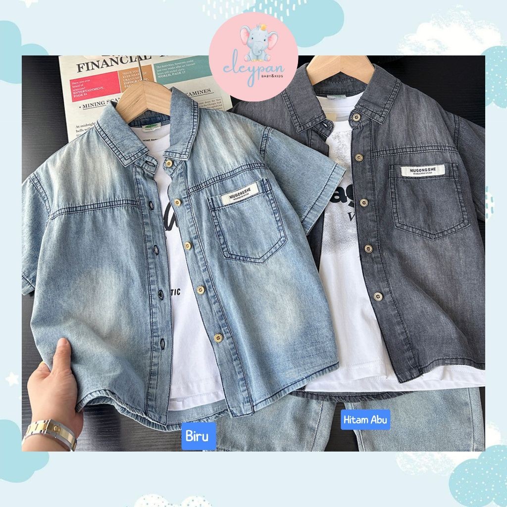 Kemeja Denim Anak Laki Laki 4-9 Tahun Baju Luaran Lengan Pendek Jeans Putih Hitam Pakaian Anak Cowok